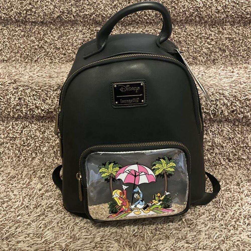 Disney Loungefly Donald Daisy Goofy Beach Mini Backpack Glitter Shaker NWT Black